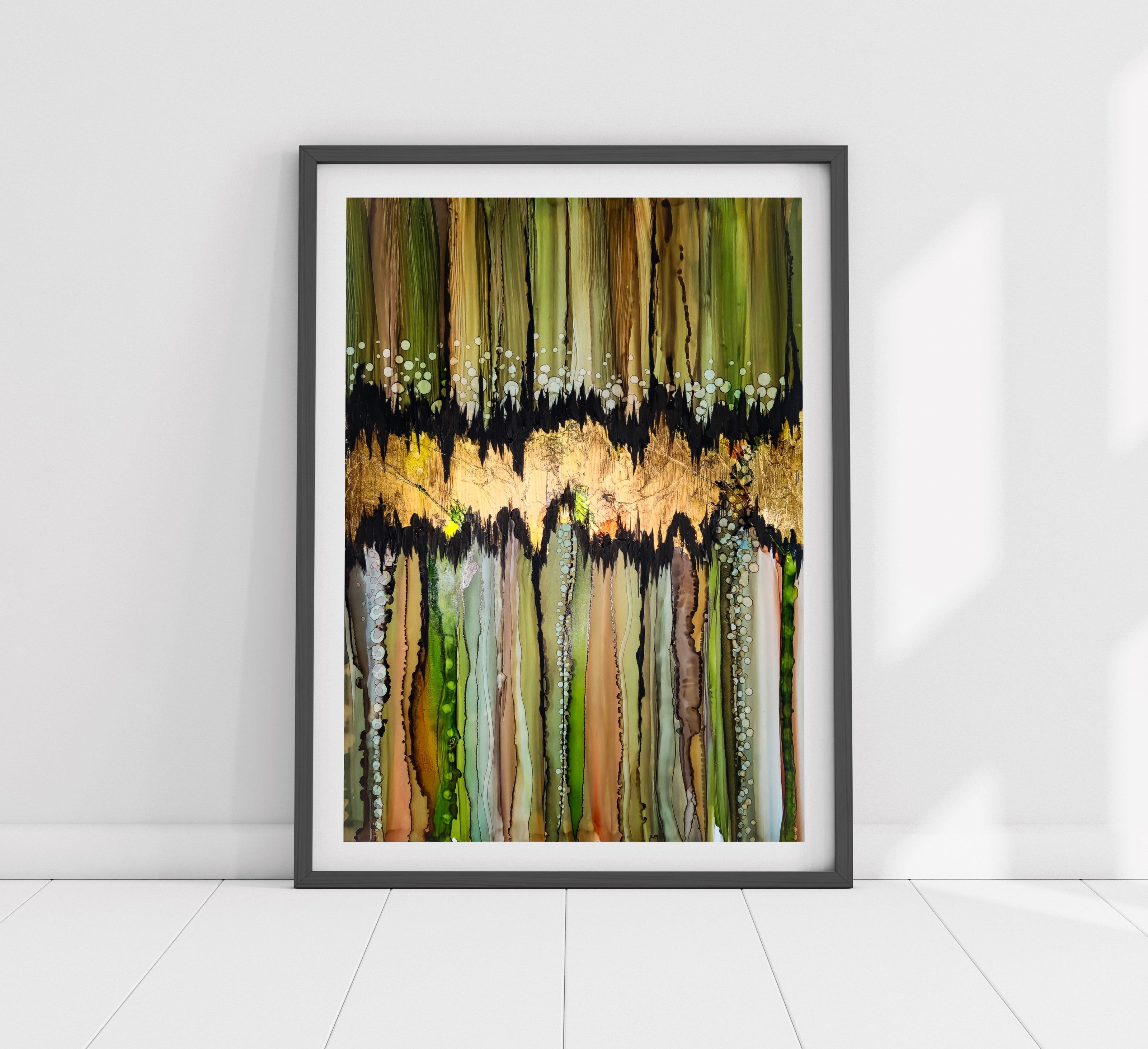 Abstract painting of a golden-green woodland with textured bark pattern