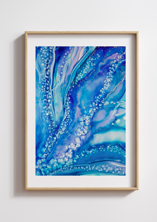 Abstract ocean artwork with midnight blue tones and fluid movement, inspired by the depths of the sea
