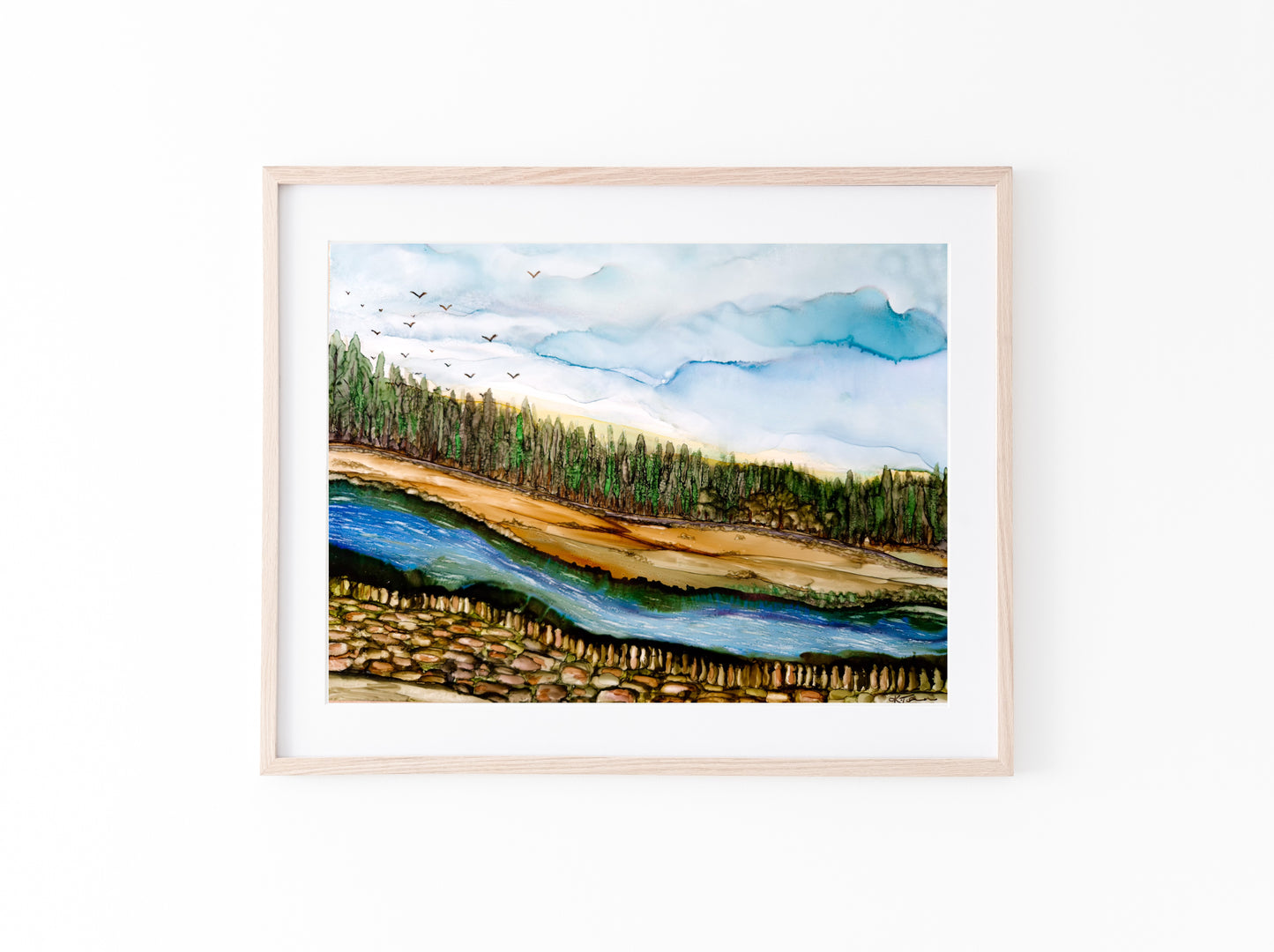 Handcrafted artwork inspired by the beauty of the UK countryside, blending soft clouds, rolling hills, and a winding stream.
