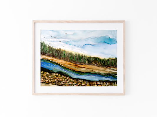 Handcrafted artwork inspired by the beauty of the UK countryside, blending soft clouds, rolling hills, and a winding stream.