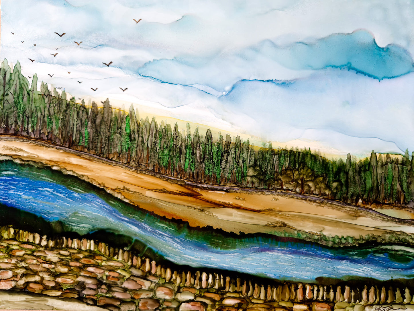 Yorkshire landscape painting with deep greens, blues, and warm rustic hues, perfect for nature lovers and home décor.