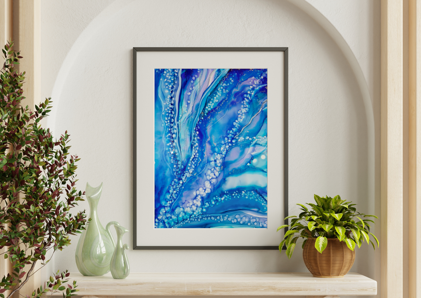 Dreamy fluid art with swirling blues and delicate foam-like textures, reminiscent of the sea’s endless depths.