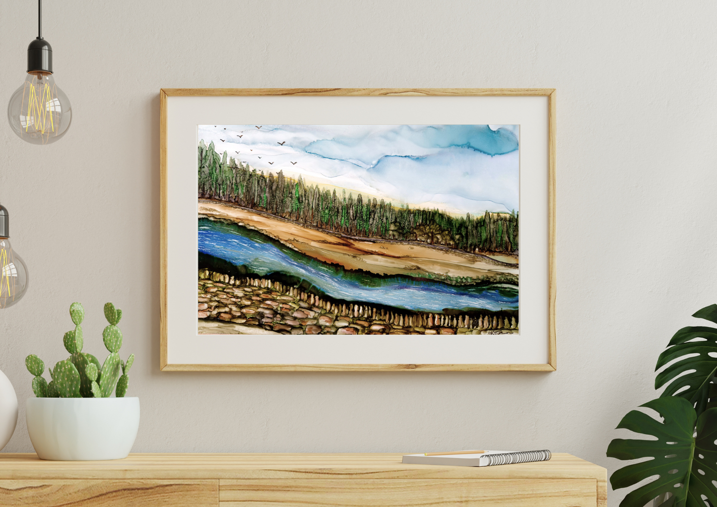 A peaceful countryside-inspired artwork capturing a scenic river, earthy tones, and tranquil woodland views.