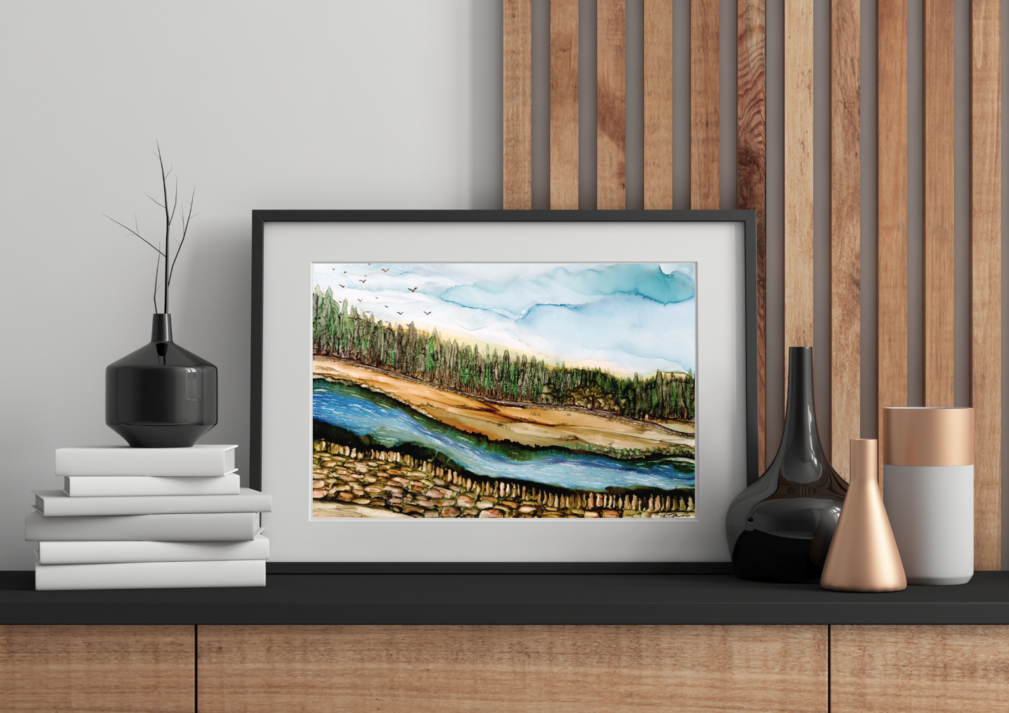 A rich and textured landscape painting inspired by Northern England, featuring a flowing river, lush green forest, and distant mountains.